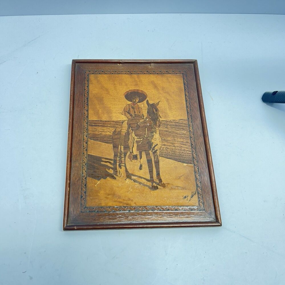 Vintage Mexican Wood Inlay Marquetry Art Charro Cowboy Horse Signed M Galon Old
